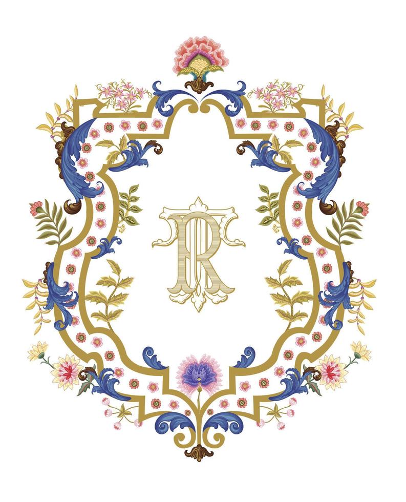 wijnoogst bruiloft kam monogram. tr eerste bruiloft kam met decoratief bloemen grens geïsoleerd wit achtergrond vector illustratie.