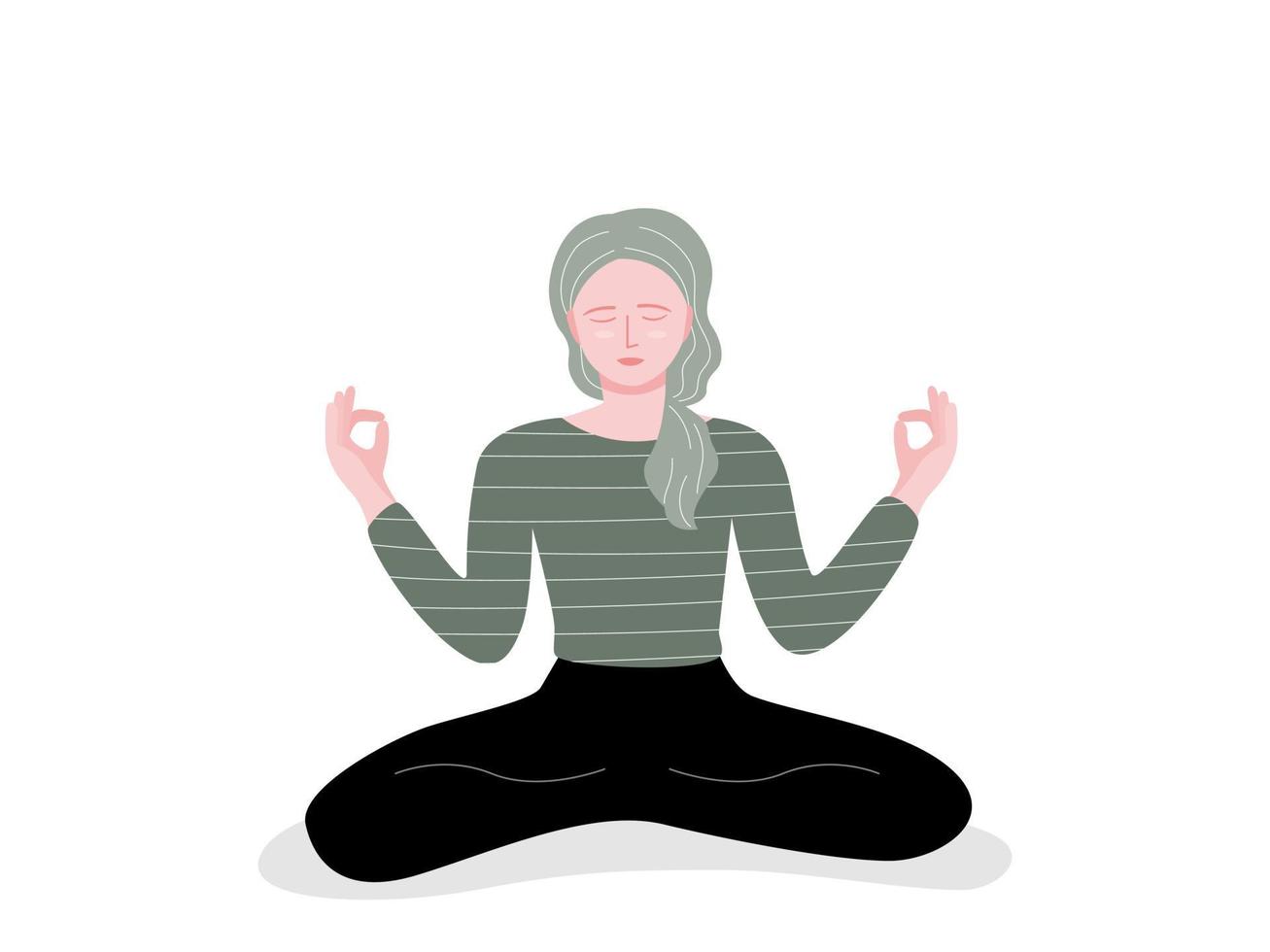 geïsoleerd van een vrouw zittend Aan de verdieping en aan het doen mediteren in vector illustratie in vlak stijl.