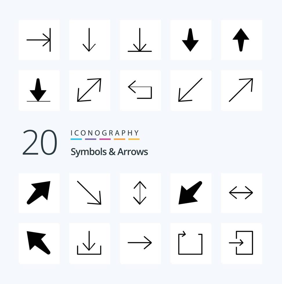 20 symbolen pijlen solide glyph icoon pak Leuk vinden hoek naar beneden af hebben bodem omhoog vector