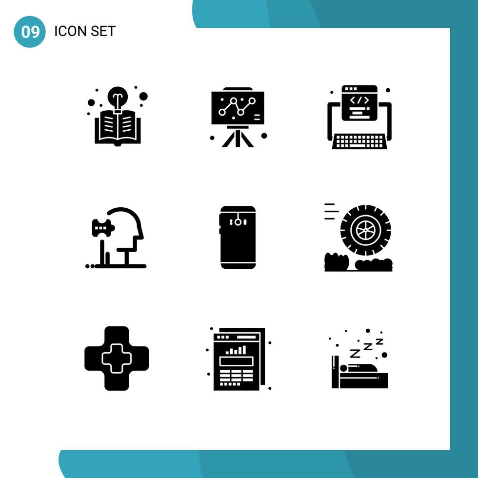 bewerkbare vector lijn pak van 9 gemakkelijk solide glyphs van slim telefoon oplossingen code oplossing psychiatrie bewerkbare vector ontwerp elementen