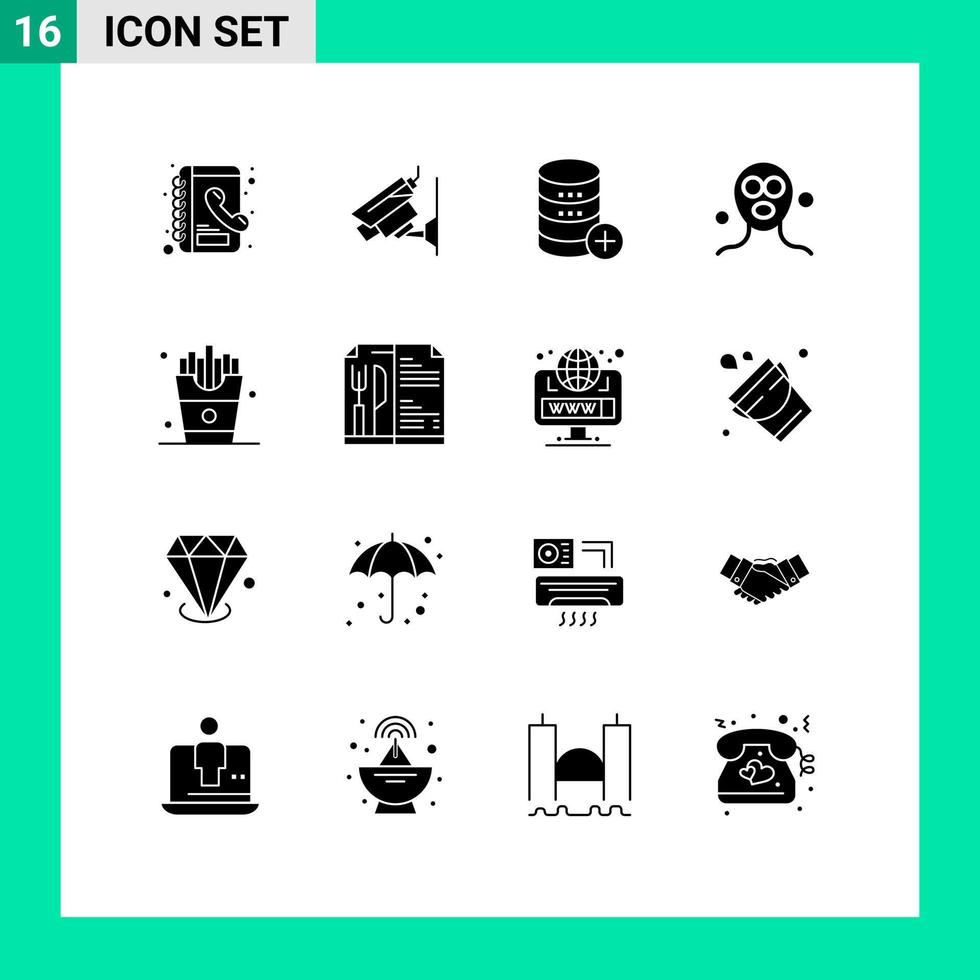 pictogram reeks van 16 gemakkelijk solide glyphs van eten ontspanning server gelaats masker schoonheid bewerkbare vector ontwerp elementen
