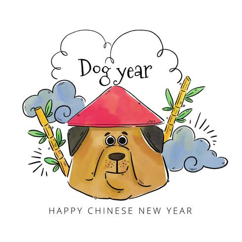 Chinese hond met Chinese hoed met bamboe en wolken vector