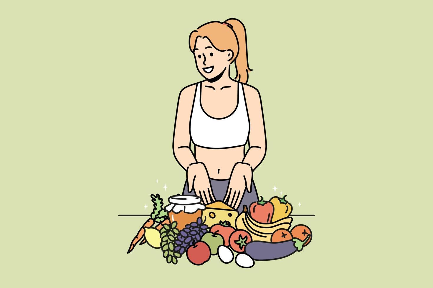 glimlachen jong vrouw in sportkleding adviseren gezond aan het eten. gelukkig meisje tonen biologisch producten geven eetpatroon aanbeveling. voeding. vector illustratie.