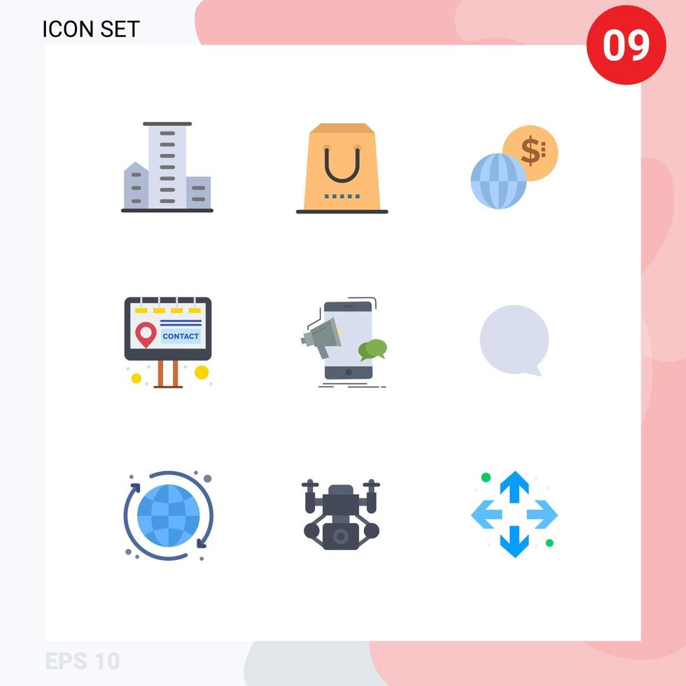 groep van 9 vlak kleuren tekens en symbolen voor megafoon contact pakket aanplakbord markten bewerkbare vector ontwerp elementen