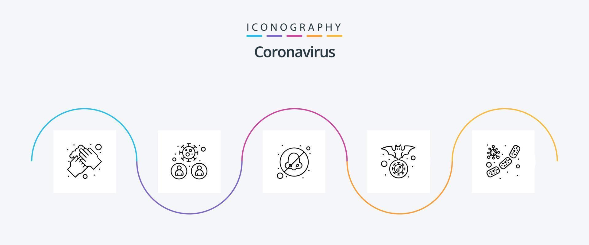 coronavirus lijn 5 icoon pak inclusief griep. vervoerder. gebruiker. knuppel. otolaryngoloog vector