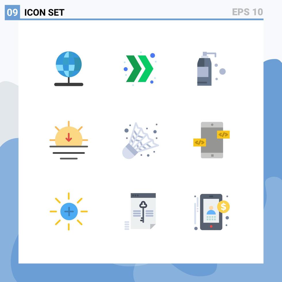 groep van 9 vlak kleuren tekens en symbolen voor app ontwikkeling camping wasmiddel badminton zonsondergang bewerkbare vector ontwerp elementen