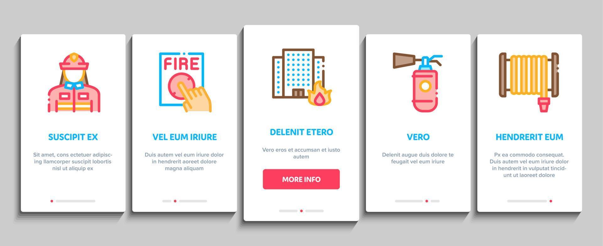 brandweerman uitrusting onboarding elementen pictogrammen reeks vector