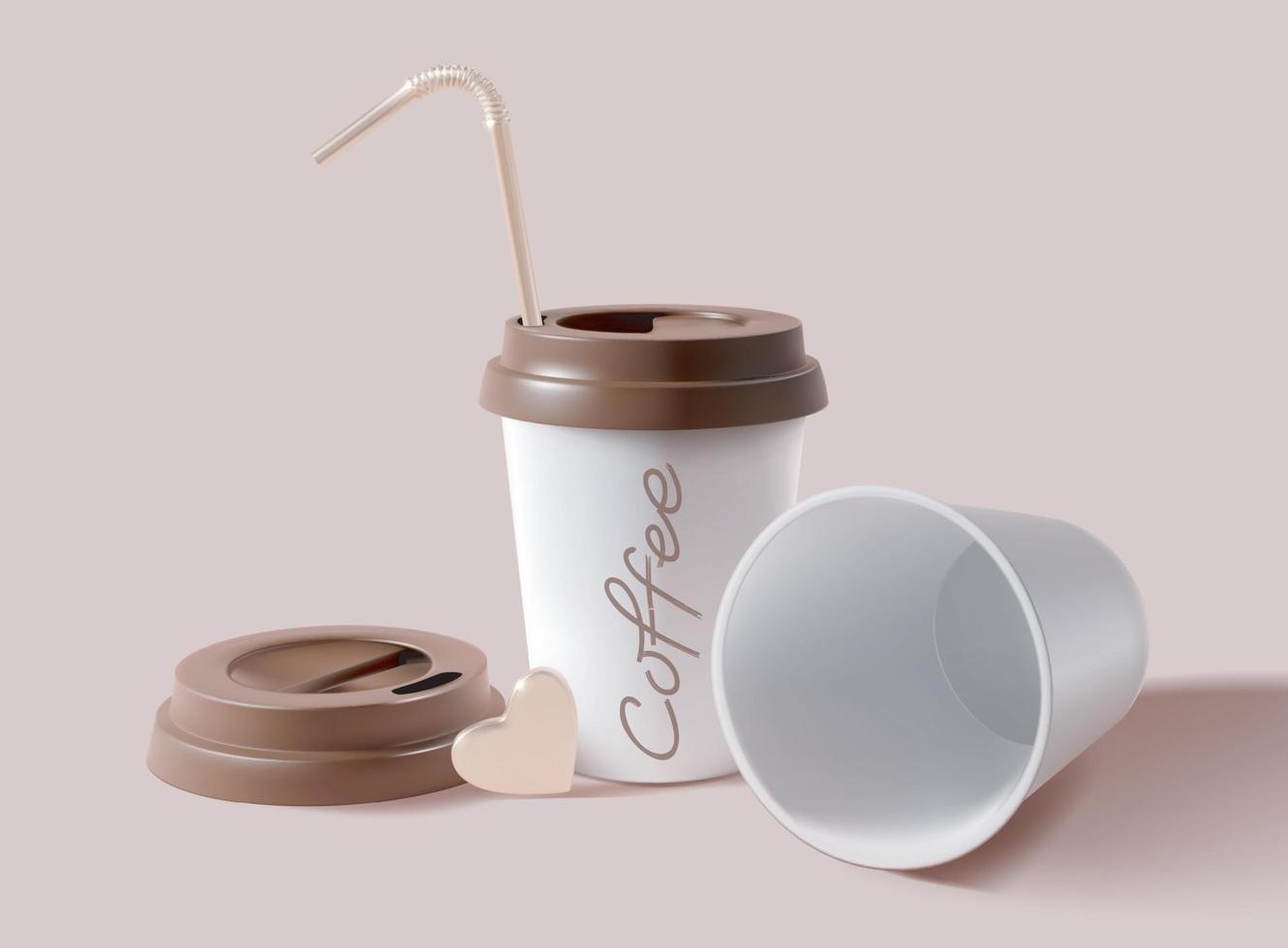 realistisch gedetailleerd 3d papier koffie kop set. vector