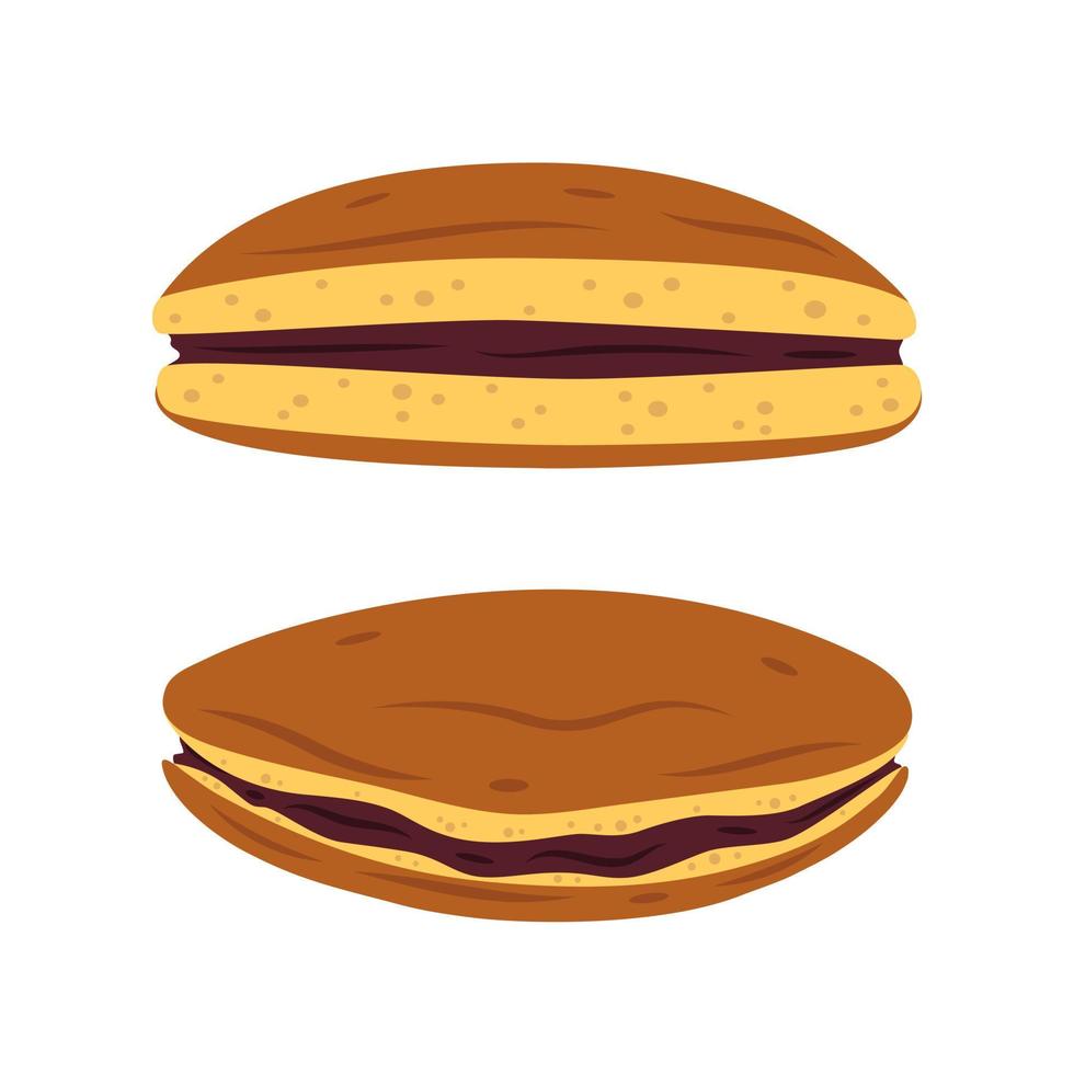 vector Japans geheel en voor de helft dorayaki pannekoeken met bruin azuki Boon Plakken. Japans traditioneel nagerecht. Aziatisch voedsel.