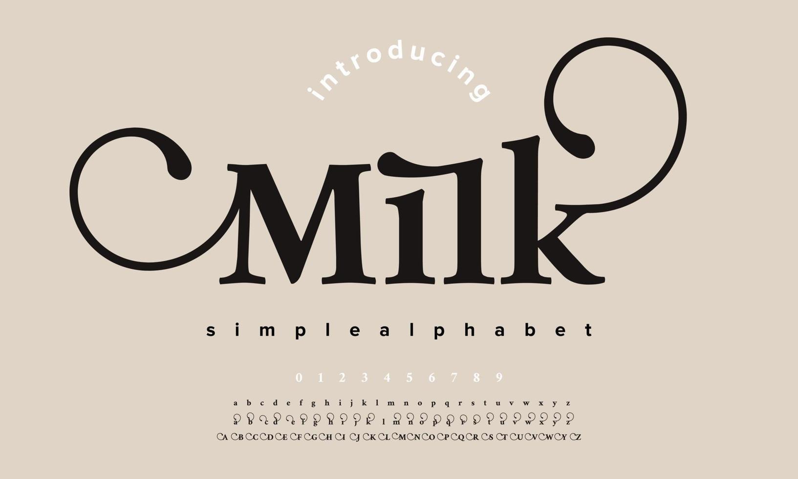 melk s mode doopvont alfabet. typografie lettertype hoofdletters kleine letters en nummer. vector illustratie