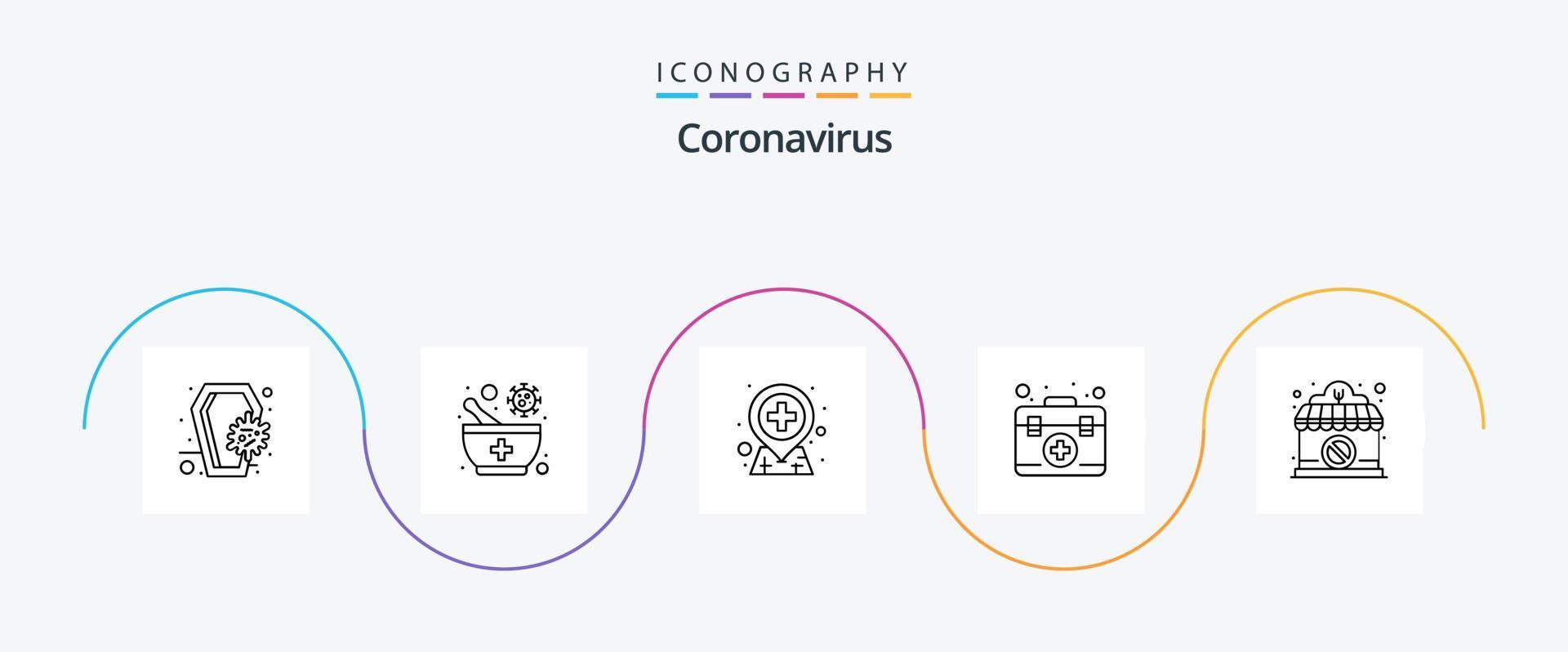 coronavirus lijn 5 icoon pak inclusief winkel. geneesmiddel. apotheek. doos. eerste steun vector