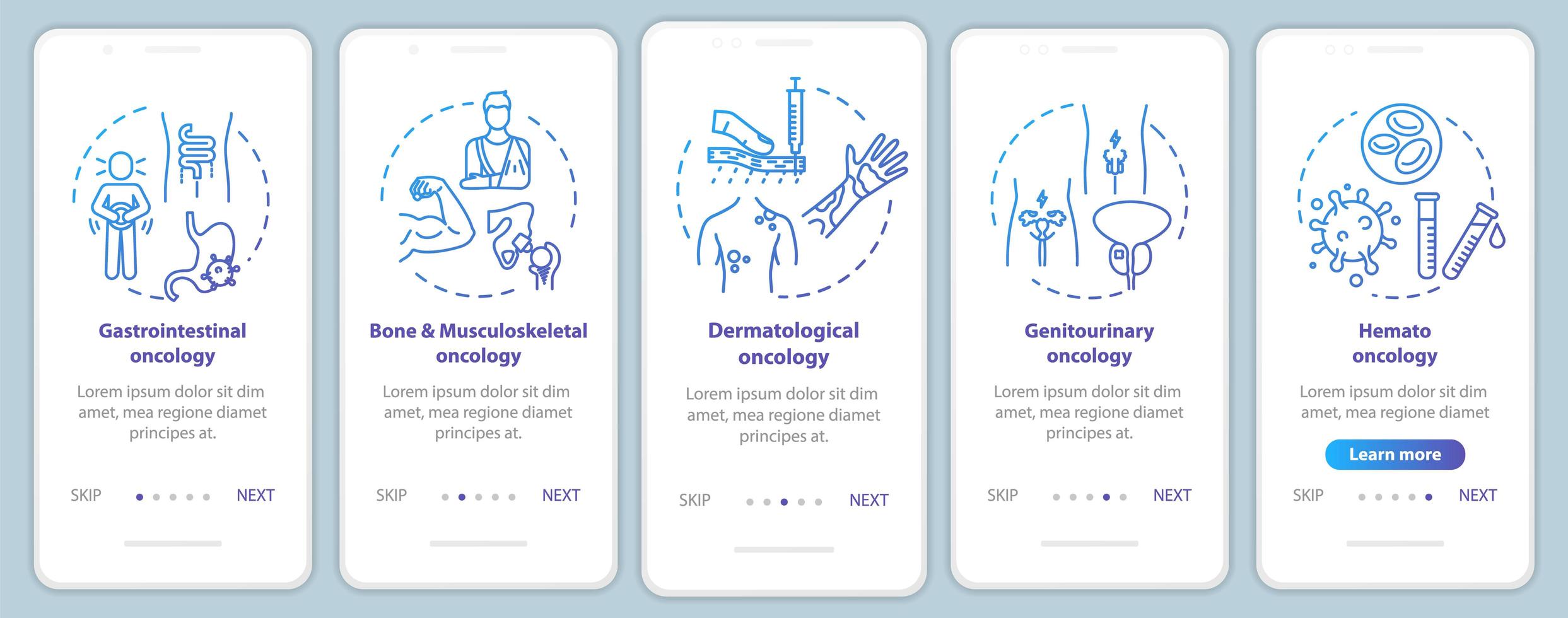 oncologie onboarding mobiele app-pagina vector