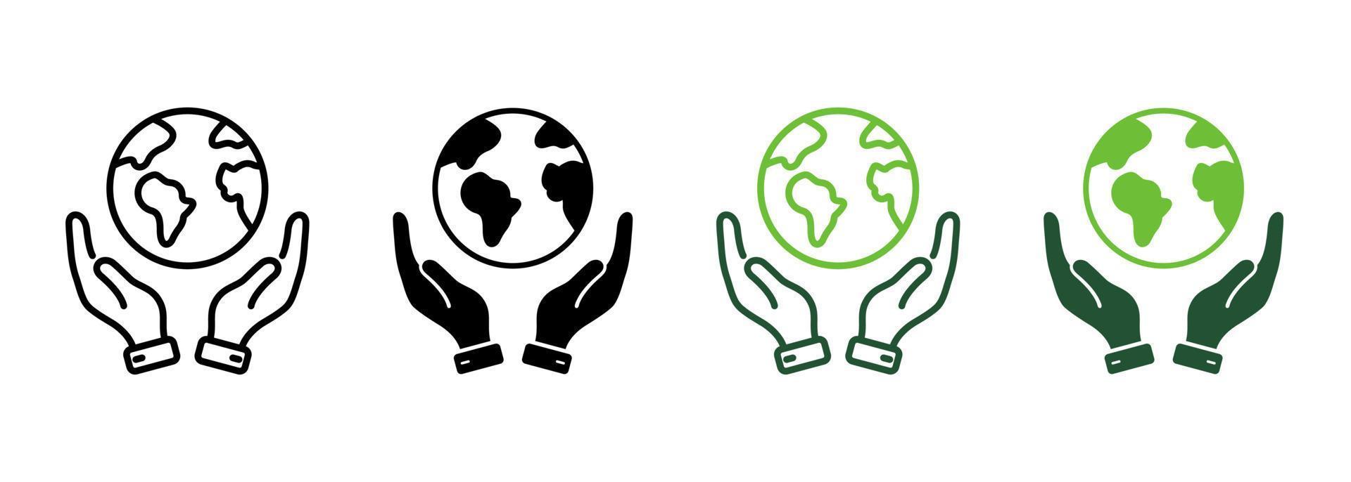 wereld milieu behoud lijn en silhouet icoon set. hand- houden planeet aarde pictogram. menselijk beschermen milieu natuur symbool verzameling Aan wit achtergrond. geïsoleerd vector illustratie.