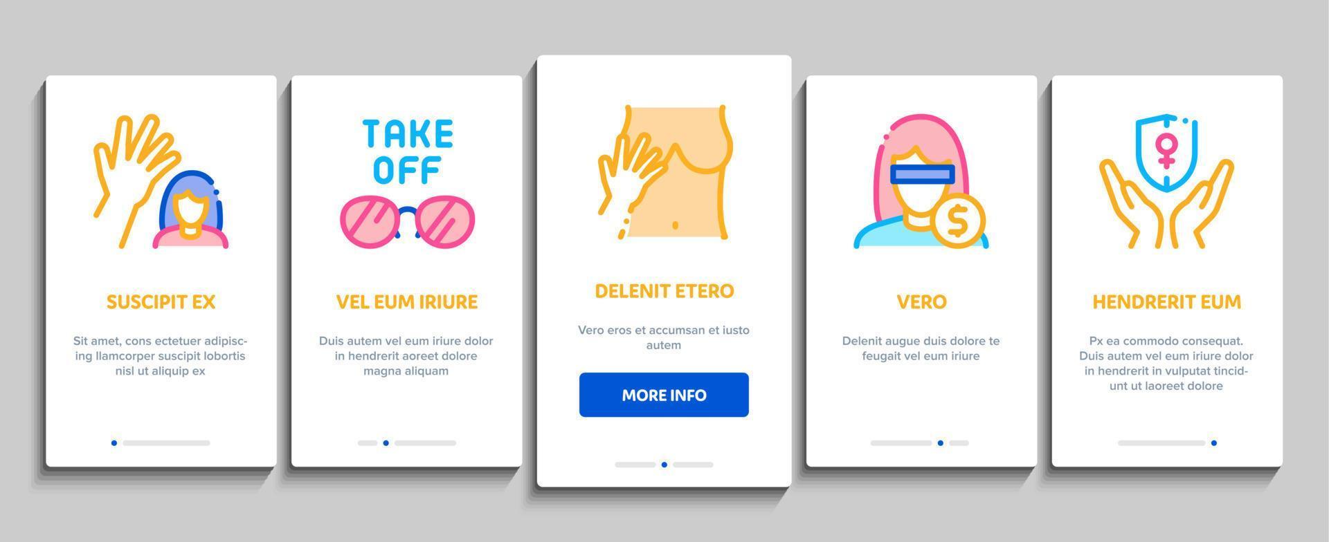 seksueel Intimidatie onboarding elementen pictogrammen reeks vector