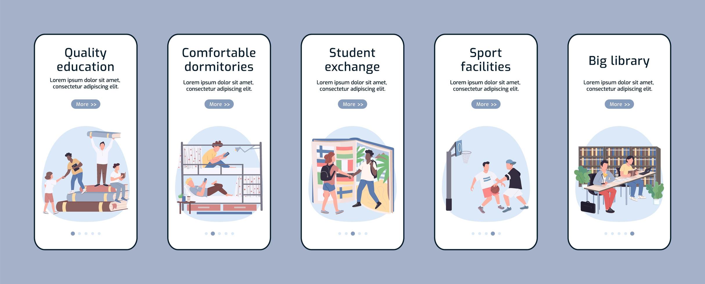 studenten levensstijl onboarding mobiele app-schermen vector