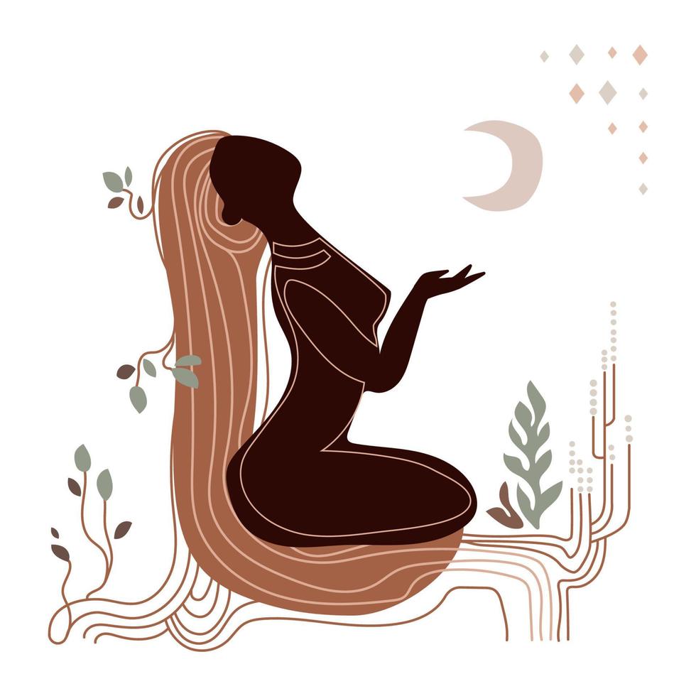 hedendaags vrouw silhouet met maan, samenvatting planten en meetkundig vormen vector illustratie.naakt vrouw lichaam, vrouw en natuur, natuurlijk schoonheid, organisch gekleurd.abstract kunst poster, print, embleem, omslag
