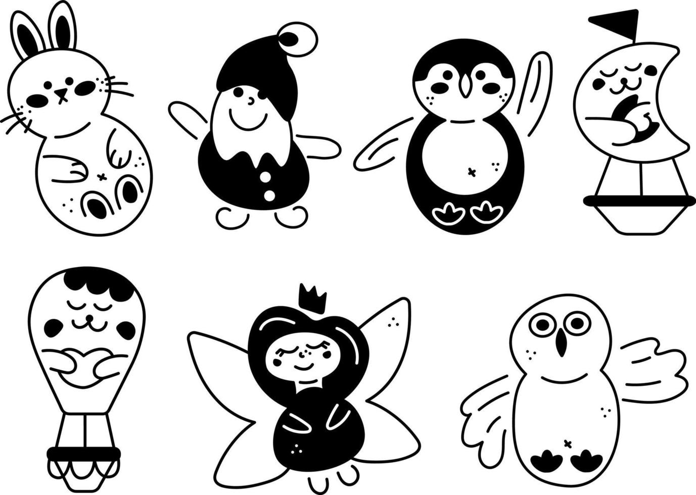 karakter tekening set2. 7 schattig karakter. tekenfilm wit en zwart vector illustratie.
