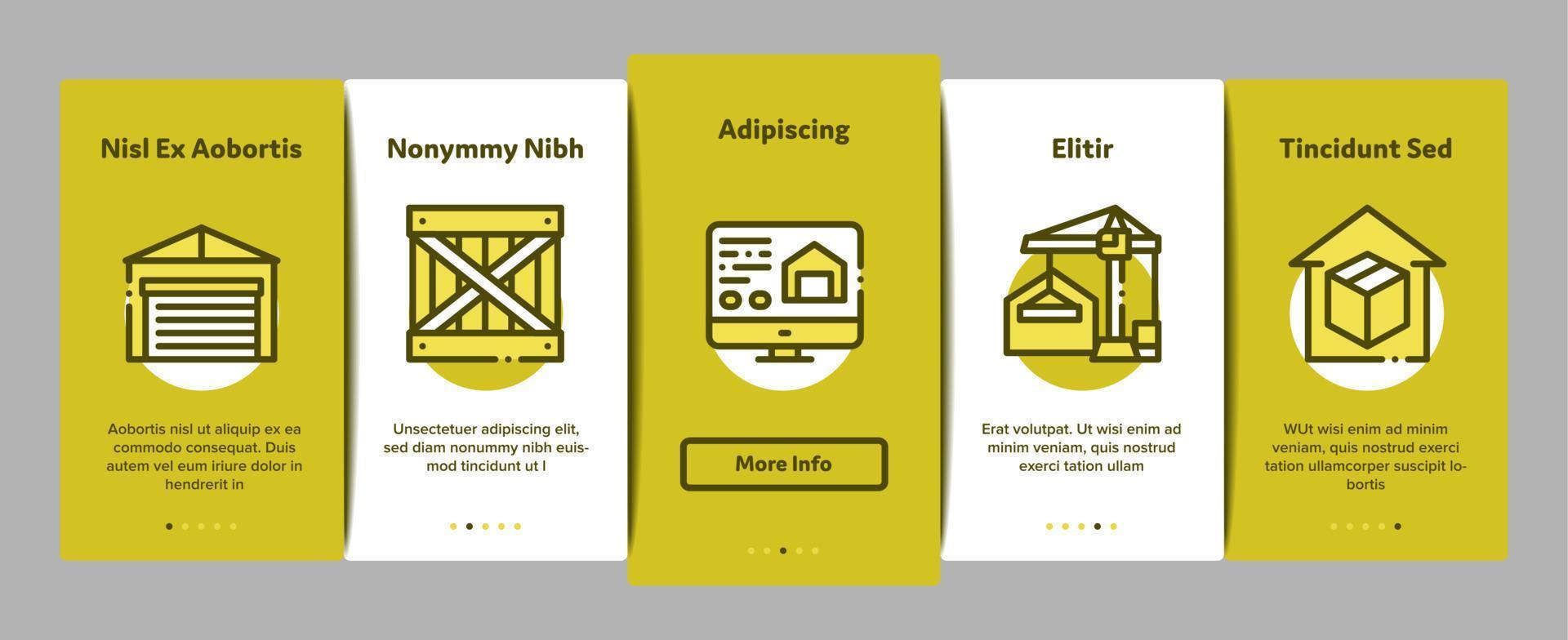 magazijn en opslagruimte onboarding elementen pictogrammen reeks vector