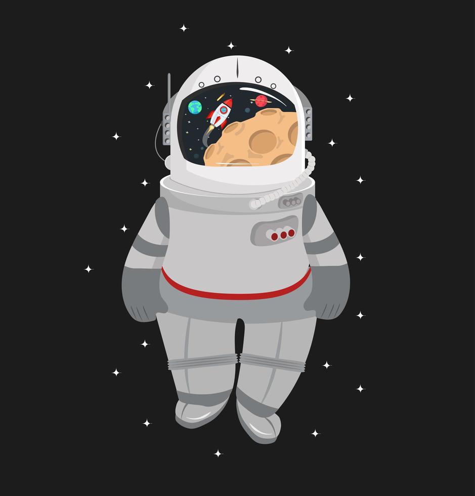 cartoon astronaut drijvend op de ruimte, maan in reflectie vector