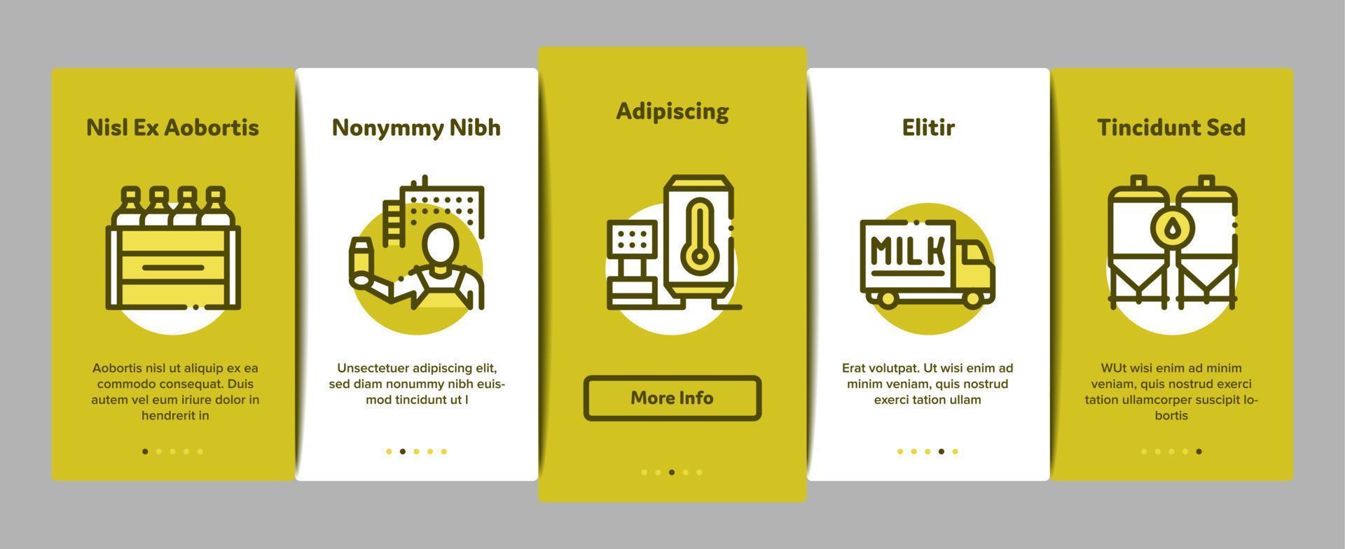 melk fabriek Product onboarding elementen pictogrammen reeks vector