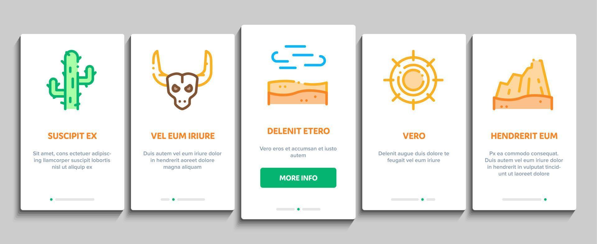 woestijn zanderig landschap onboarding elementen pictogrammen reeks vector