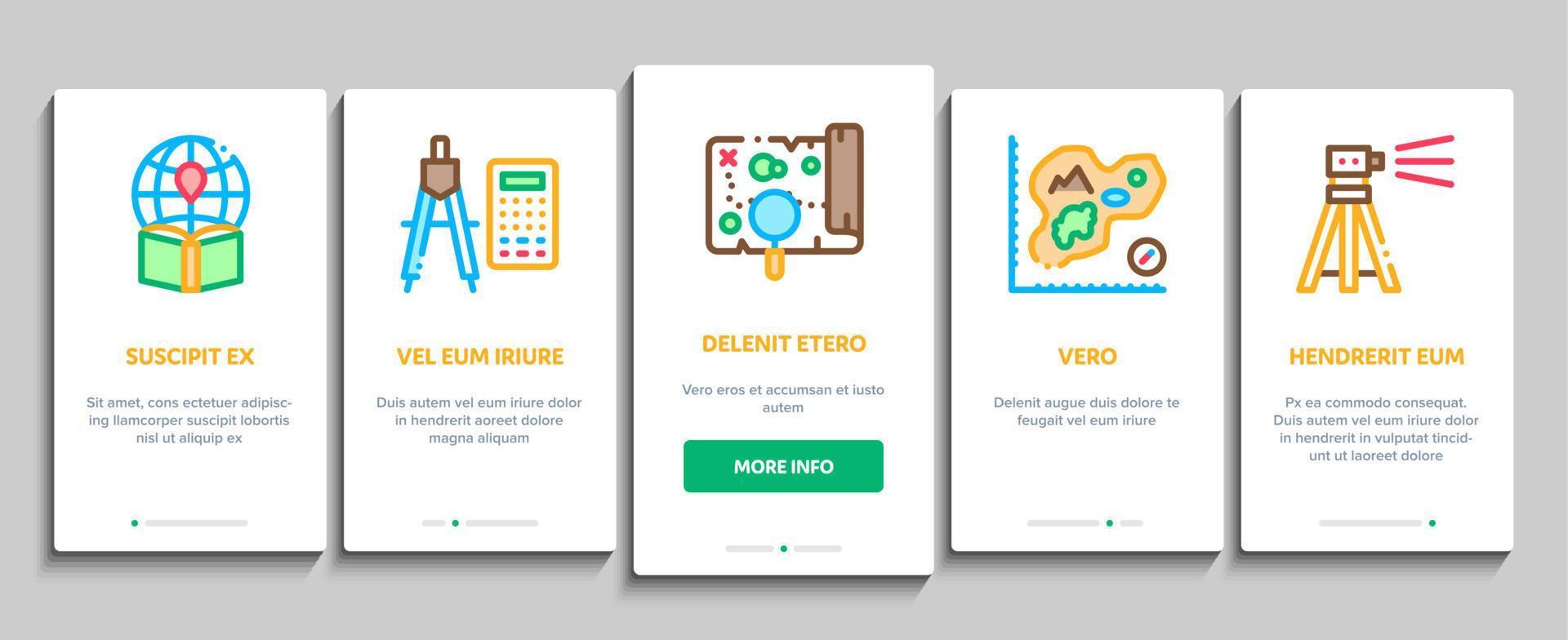 topografie Onderzoek onboarding elementen pictogrammen reeks vector