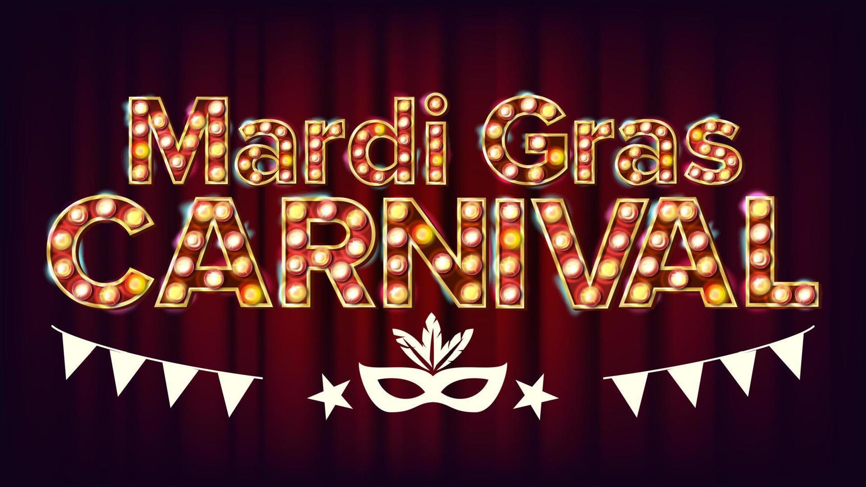 mardi gras carnaval banier vector. carnaval wijnoogst gouden verlichte neon licht. voor groet kaart, partij uitnodiging ontwerp. klassiek illustratie vector