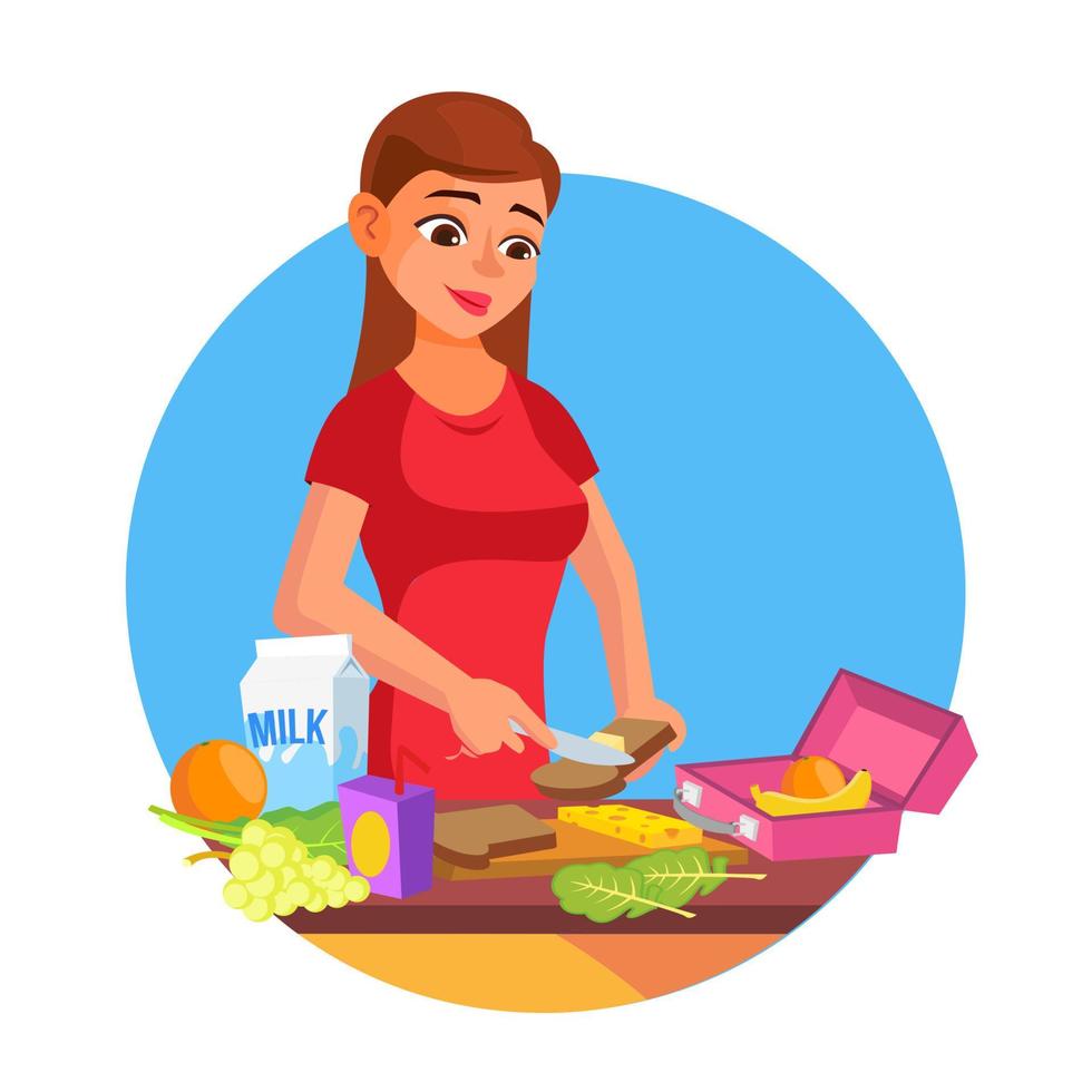 lunch doos vector. vrouw maken smakelijk vegetarisch lunch. gezond voedsel. moeder maken ontbijt voor haar kinderen. vlak tekenfilm illustratie vector