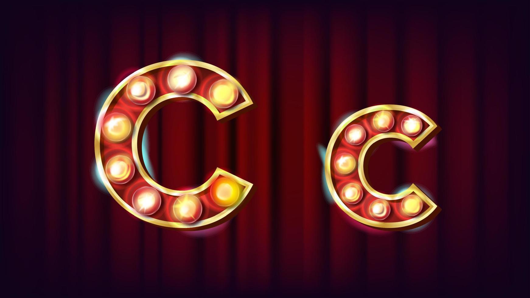 c brief vector. hoofdstad, kleine letters. doopvont selectiekader licht teken. retro schijnen lamp lamp alfabet. 3d elektrisch gloeiend cijfer. wijnoogst goud verlichte licht. carnaval, circus, casino stijl. illustratie vector