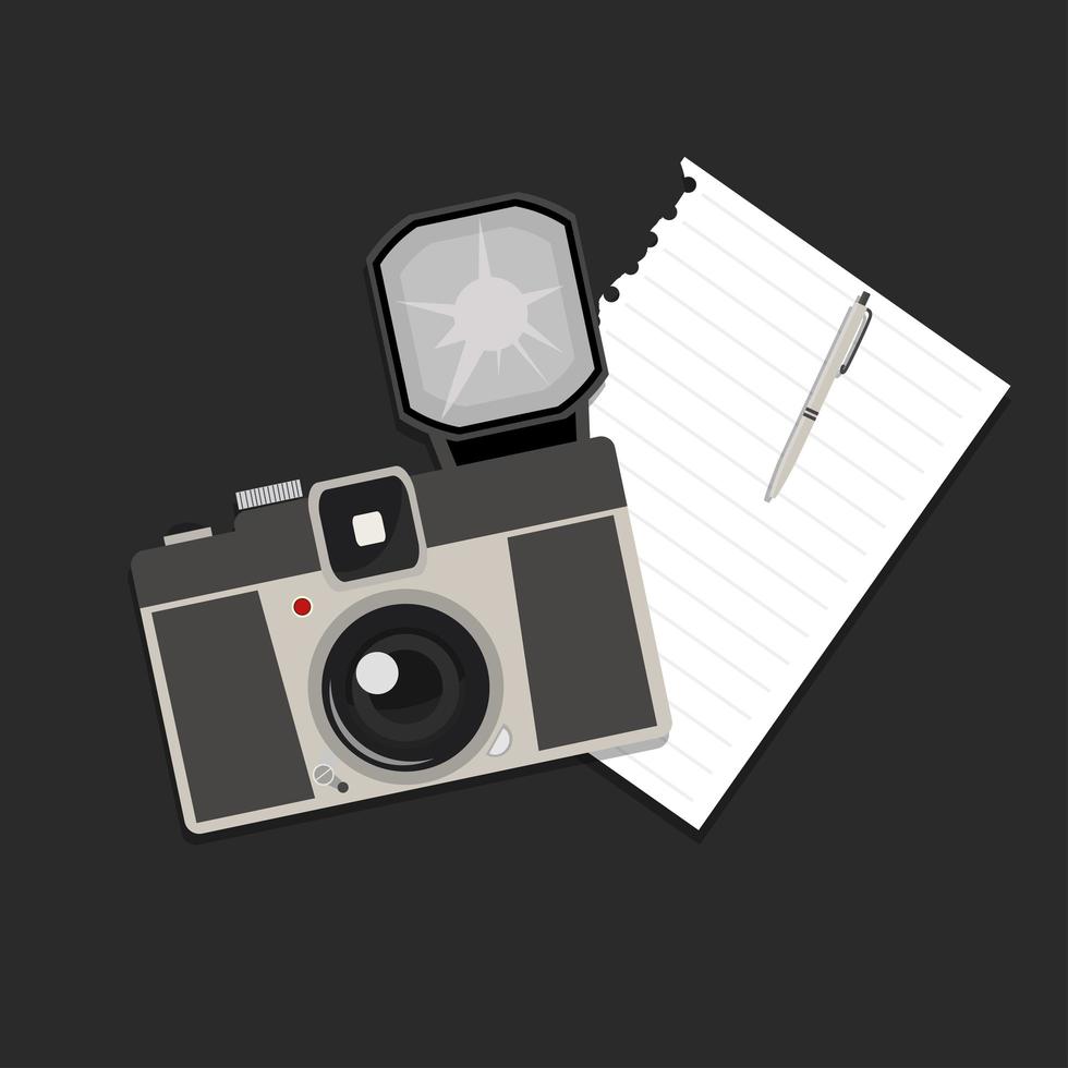 vintage fotografiecamera met flits en blocnote vector