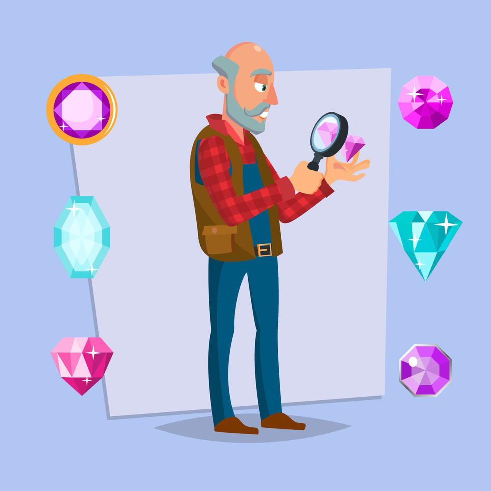 juwelier Mens vector. lenzenvloeistof vergrootglas, sieraden edelsteen artikelen. bezetting persoon naar werk met kostbaar stenen. tekenfilm karakter illustratie vector