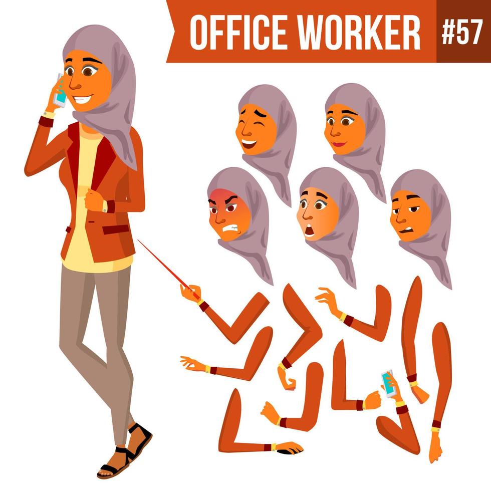 Arabisch kantoor arbeider vector. vrouw. traditioneel kleren. islamitisch. hijaab. professioneel officier, bediende. volwassen bedrijf vrouw. dame gezicht emoties, divers gebaren. animatie creatie set. illustratie vector