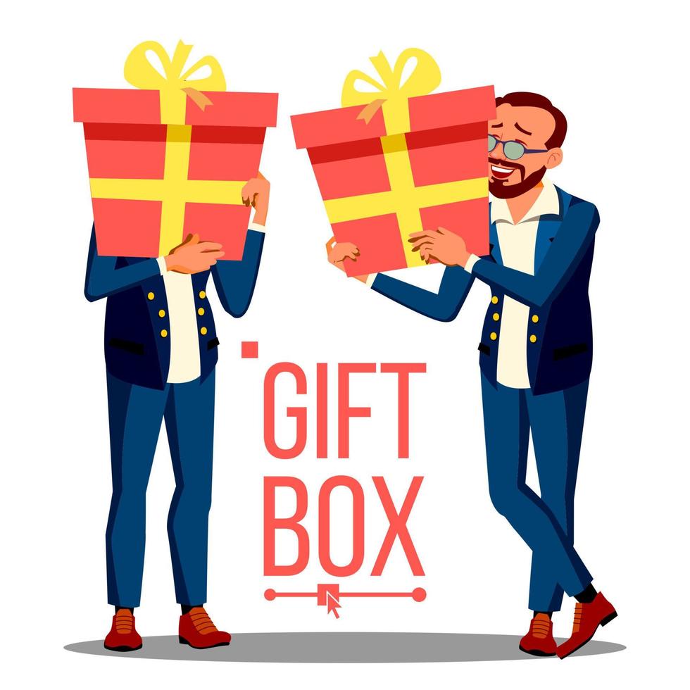 bedrijf Mens Holding rood geschenk doos vetor. vakantie Cadeau concept. geïsoleerd illustratie vector