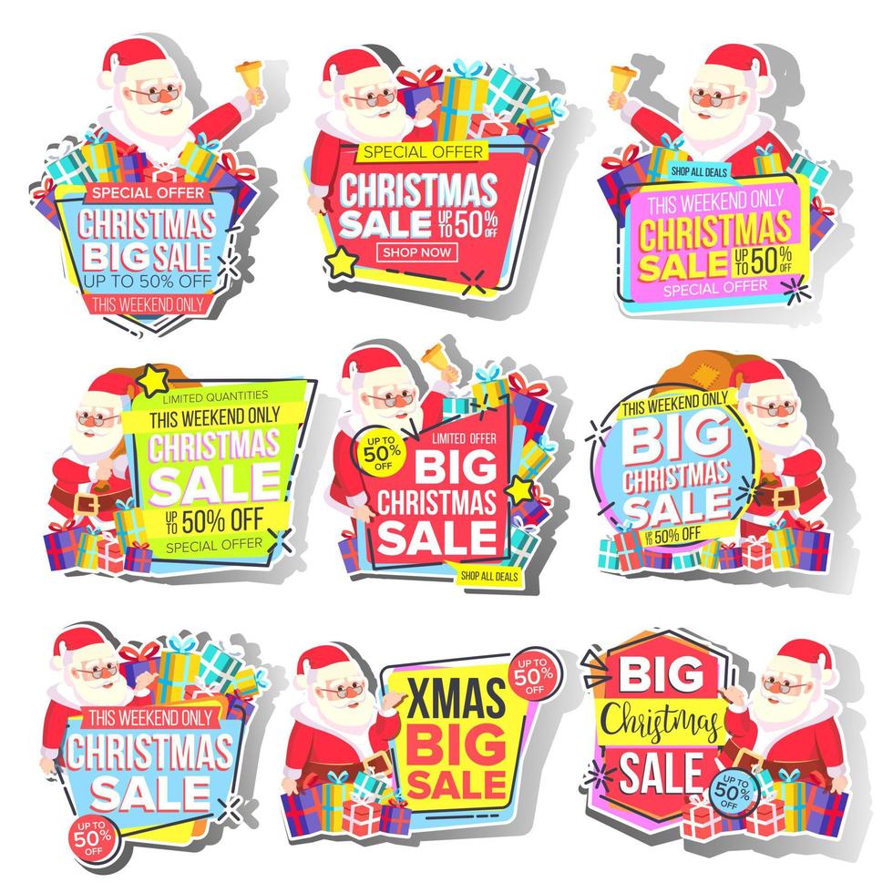 Kerstmis groot uitverkoop sticker reeks vector. de kerstman claus. sjabloon voor reclame. korting label, speciaal aanbod spandoek. omhoog naar 50 procent uit insignes. zwart vrijdag promo icoon. kopen label. geïsoleerd illustratie vector