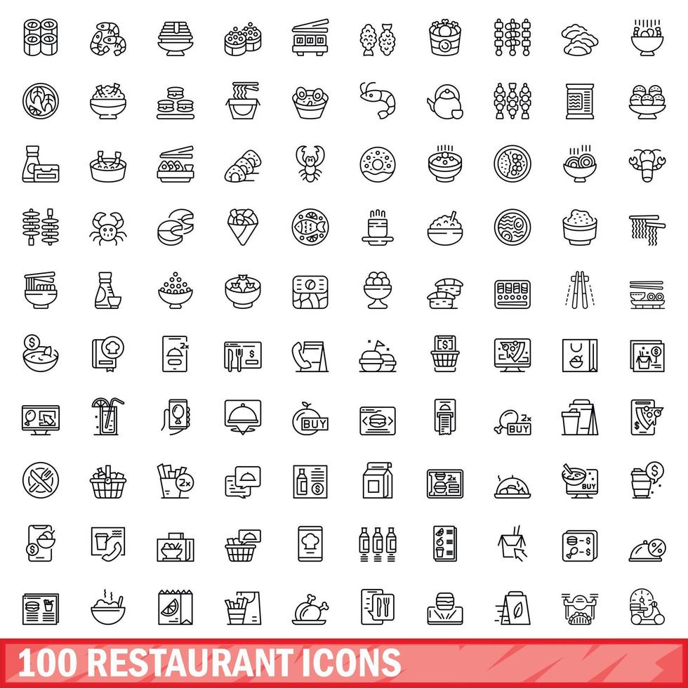 100 restaurant iconen set, Kaderstijl vector