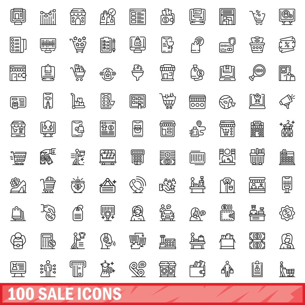 100 verkoop iconen set, Kaderstijl vector