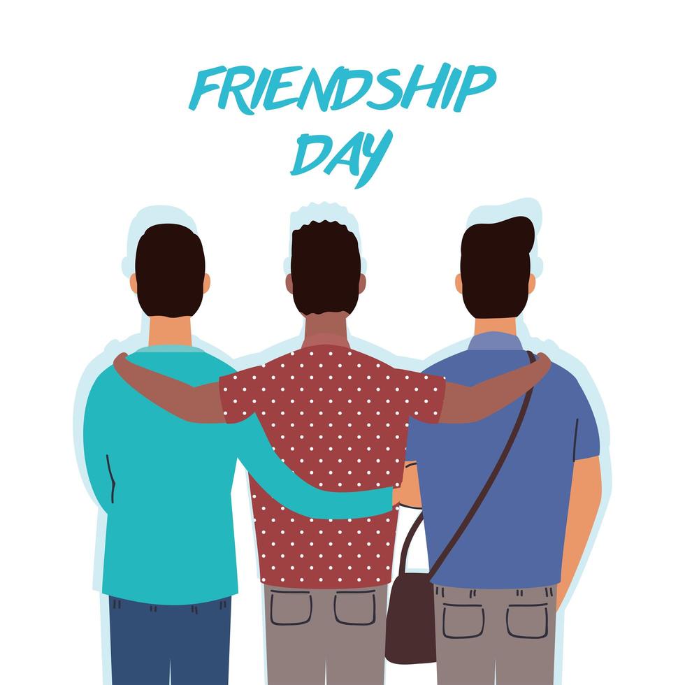 gelukkige jonge mannen knuffelen voor de viering van de dag van de vriendschap vector