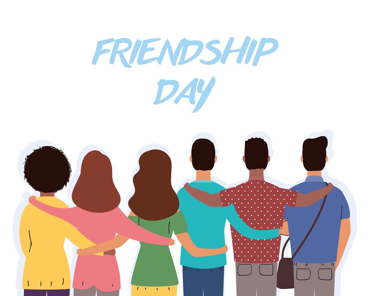 gelukkige jonge mensen knuffelen voor de viering van de dag van de vriendschap vector