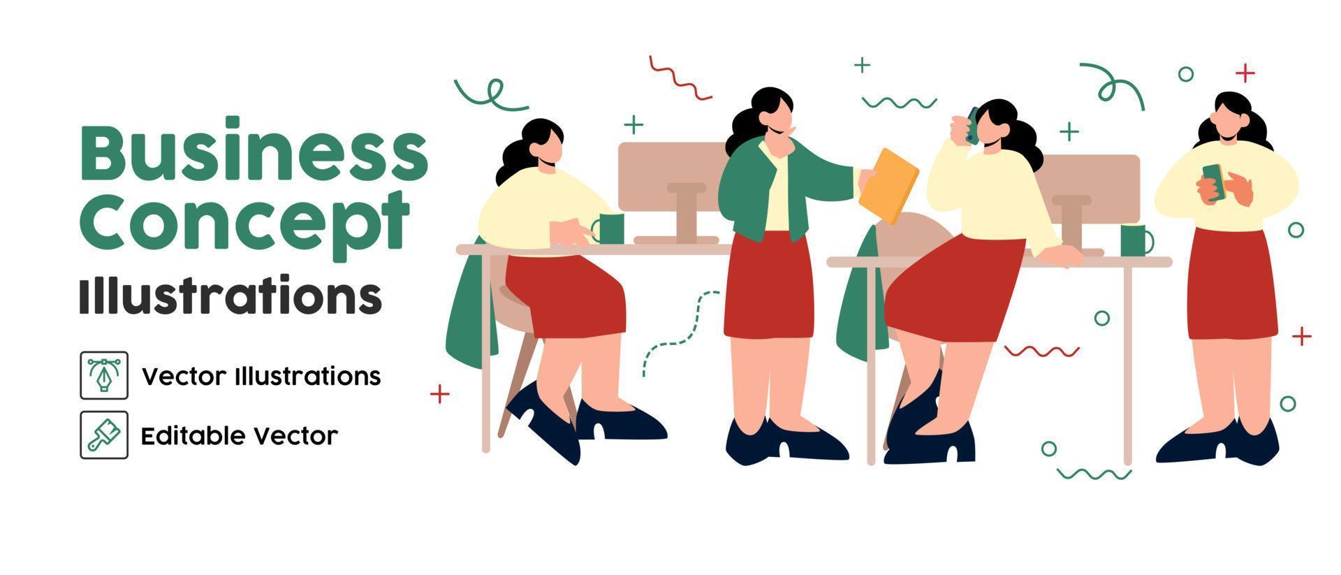 bedrijf concept illustraties. reeks verzameling van scènes met Dames nemen een deel in werkverslaafde bedrijf activiteiten. vector illustratie