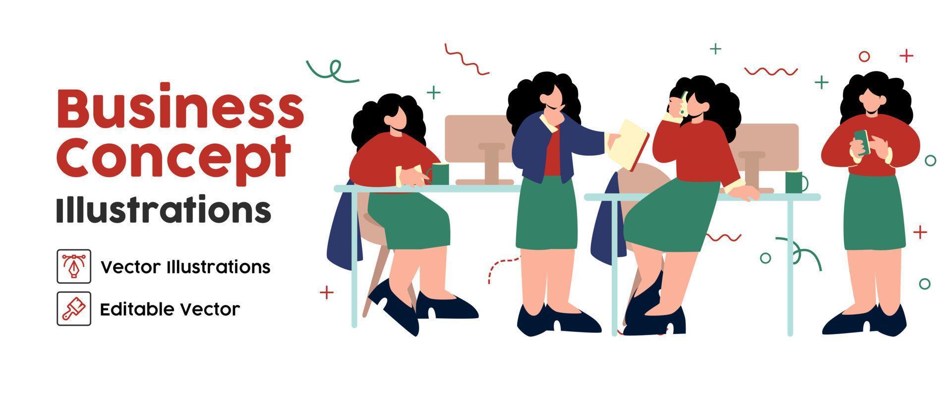 bedrijf concept illustraties. reeks verzameling van scènes met Dames nemen een deel in werkverslaafde bedrijf activiteiten. vector illustratie