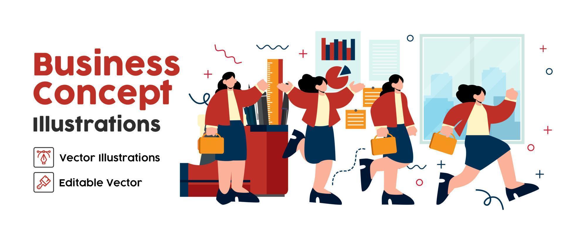 bedrijf concept illustraties. reeks verzameling van scènes met Dames nemen een deel in werkverslaafde bedrijf activiteiten. vector illustratie