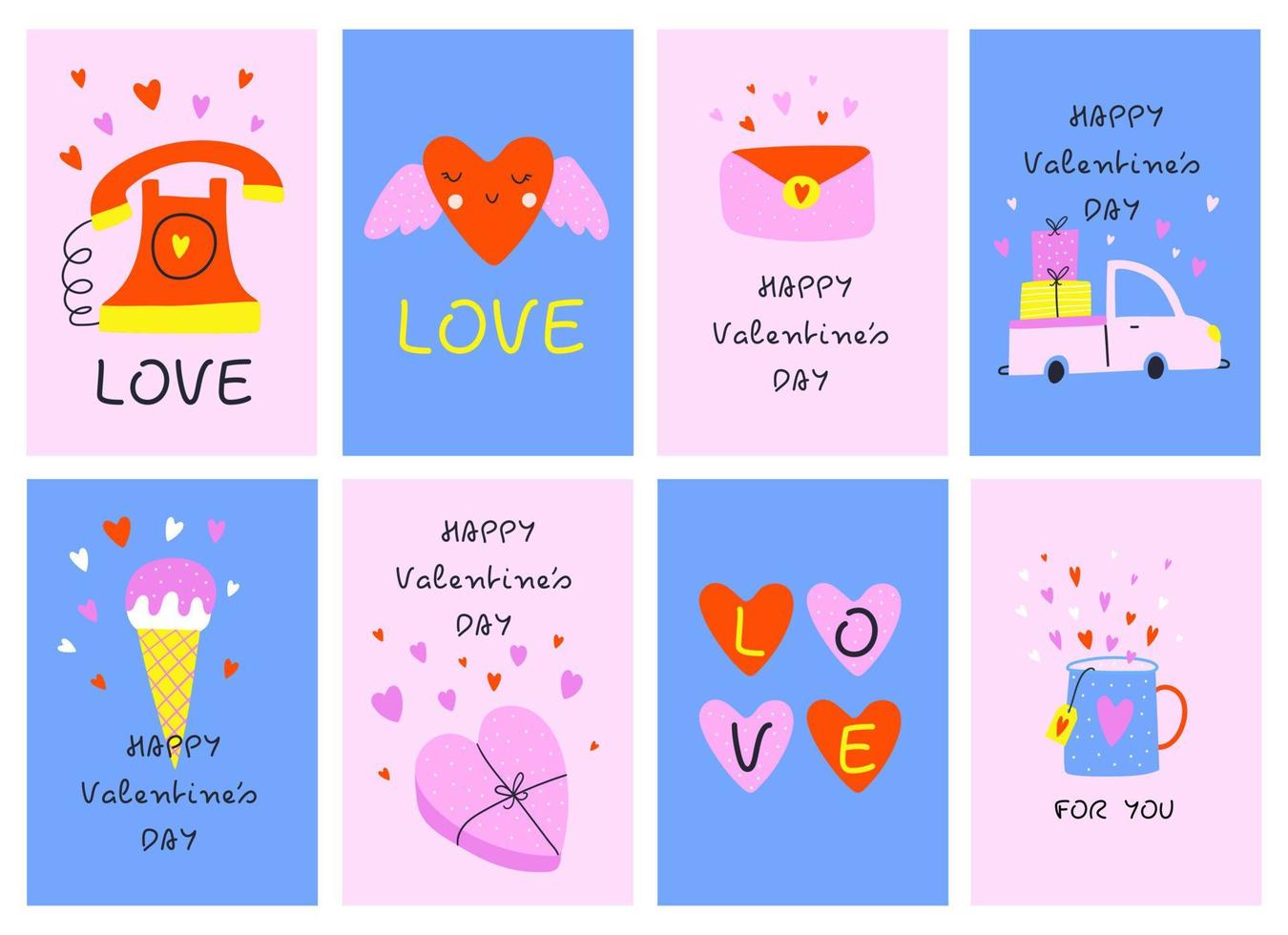 Valentijnsdag dag groet kaart reeks met harten. ontwerp voor Valentijn en bruiloft. vector illustraties