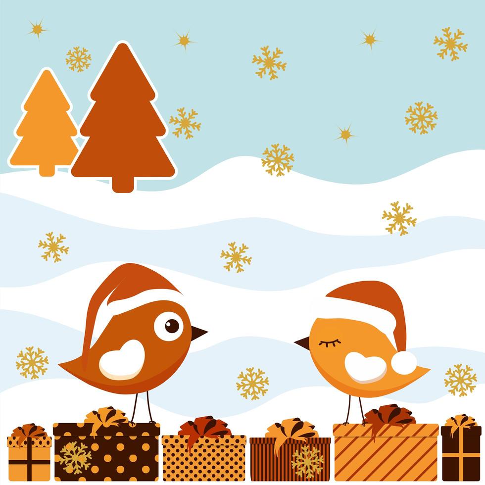 winterkaart met vogel en geschenkdoos vector
