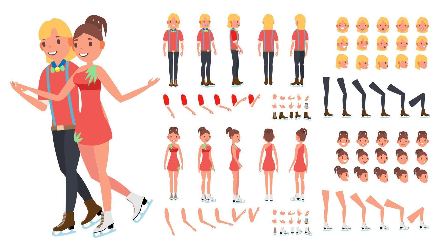 figuur het schaatsen paar vector. vrouw en mannetje. ijs het schaatsen. geanimeerd karakter creatie set. vol lengte, voorkant, kant, terug visie, gezicht emoties, gebaren. geïsoleerd vlak tekenfilm illustratie vector