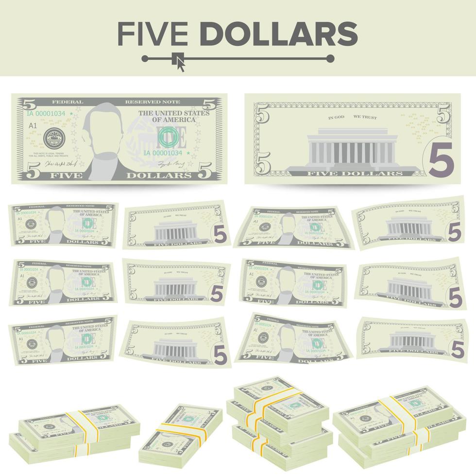 5 dollars bankbiljet vector. tekenfilm ons munteenheid. twee zijden van vijf Amerikaans geld Bill geïsoleerd illustratie. contant geld symbool 5 dollars stapels vector
