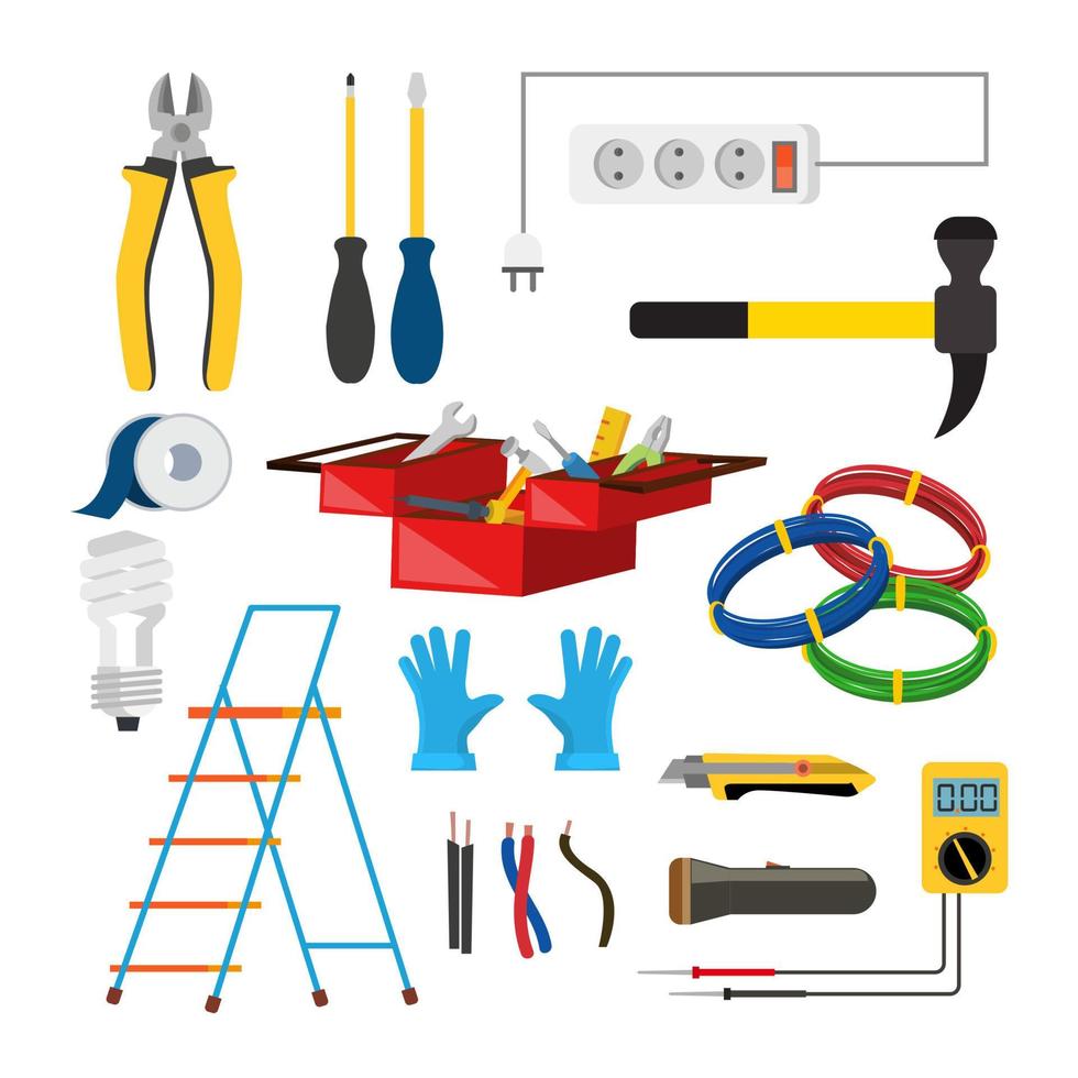 elektricien pictogrammen reeks vector. elektricien accessoires. trapladder, handschoenen, licht lamp, draad, schroevendraaier, lantaarn, mes, voltmeter, draad. geïsoleerd vlak tekenfilm illustratie vector