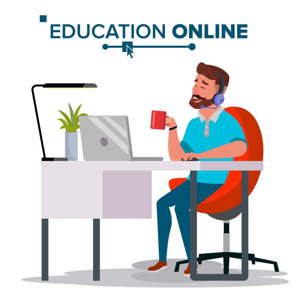 onderwijs online vector. huis online onderwijs onderhoud. jong Mens in hoofdtelefoons werken met computer. modern aan het leren technologie. geïsoleerd vlak tekenfilm illustratie vector