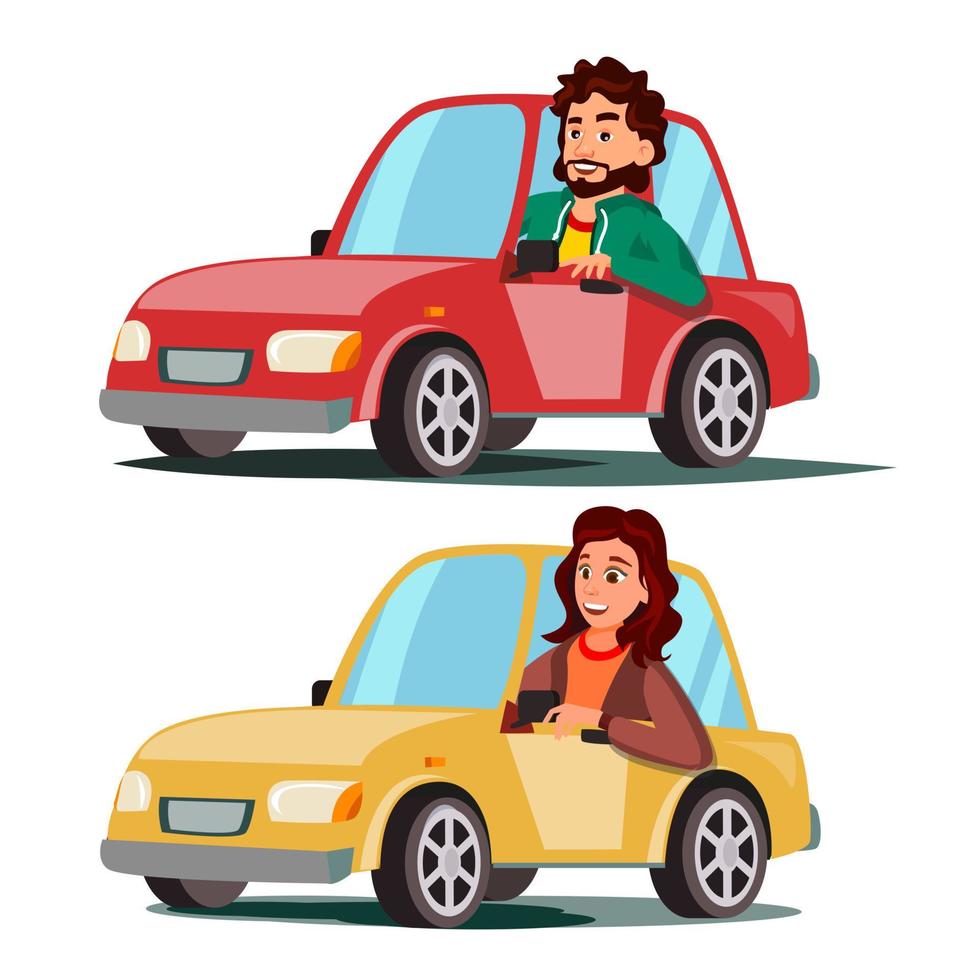 bestuurder mensen vector. Mens, vrouw zittend in modern auto. kopen een nieuw auto. het rijden school- concept. gelukkig vrouw, mannetje automobilist. geïsoleerd vlak tekenfilm karakter illustratie vector