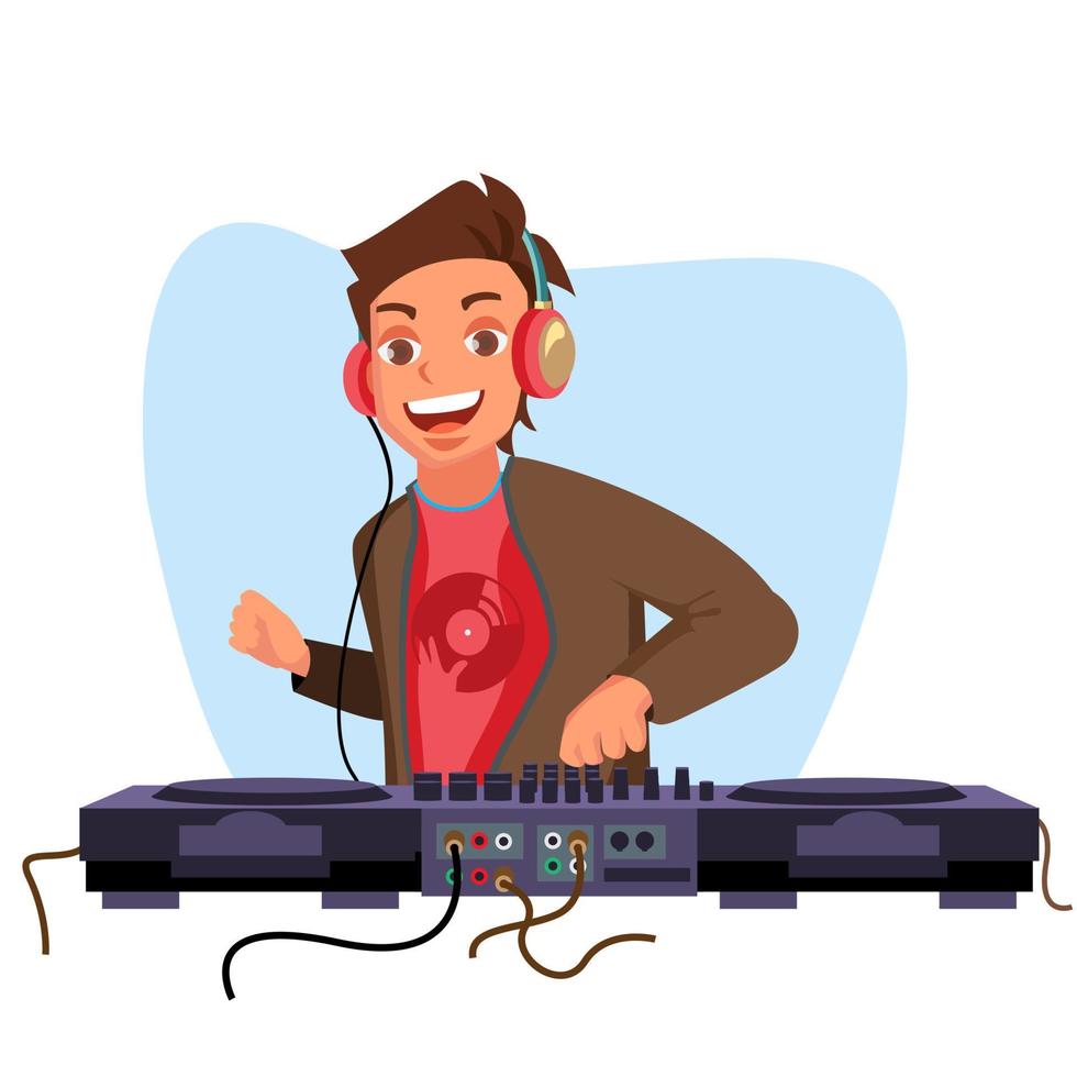 moderne dj-vector. progressieve electro muziek spelen. dj en mengpaneel. nachtclubconcept. platte cartoonillustratie vector