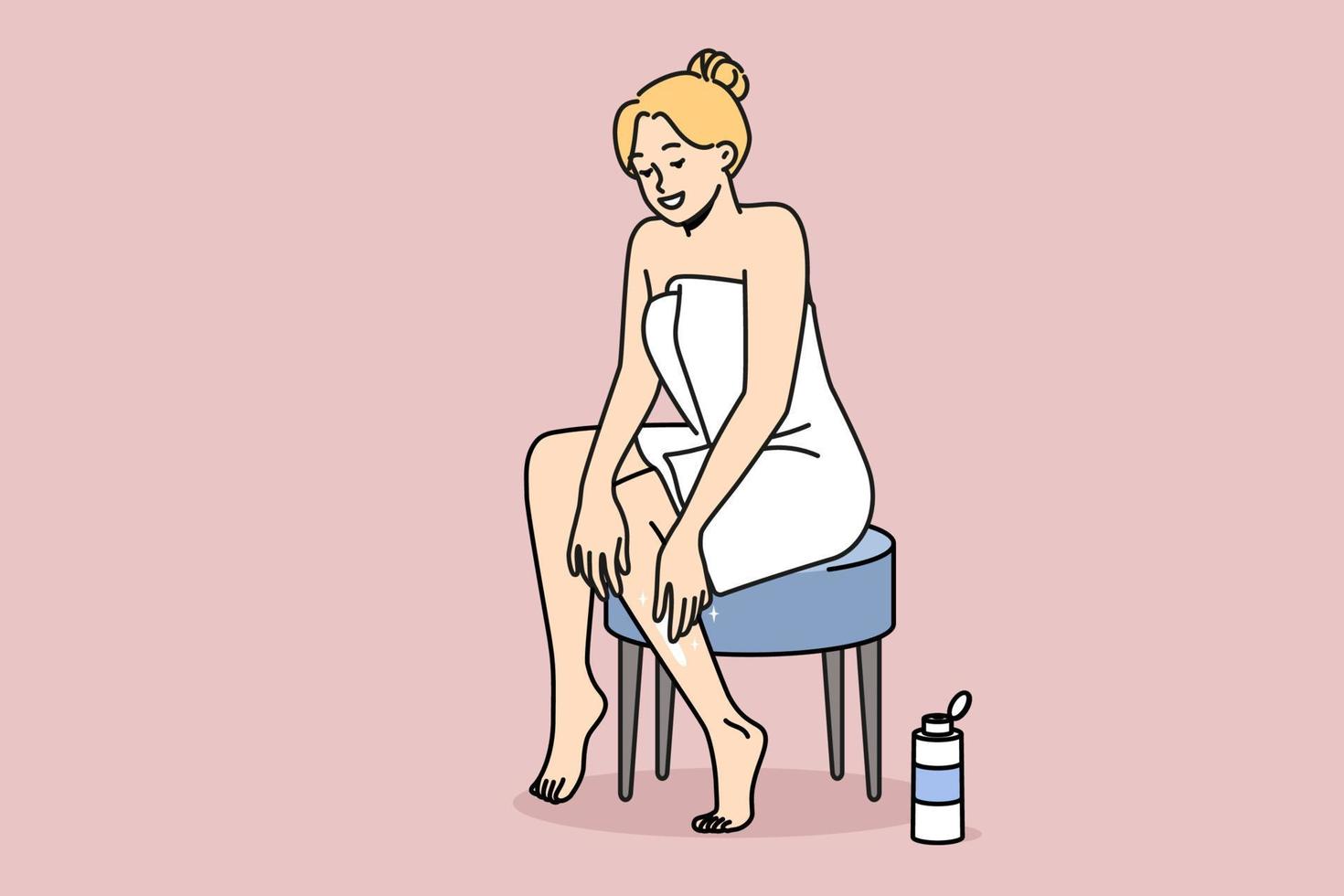 glimlachen jong vrouw in handdoek na douche zetten lotion Aan poten. gelukkig meisje genieten schoonheid procedures van toepassing zijn balsem Aan lichaam. welzijn concept. vector illustratie.